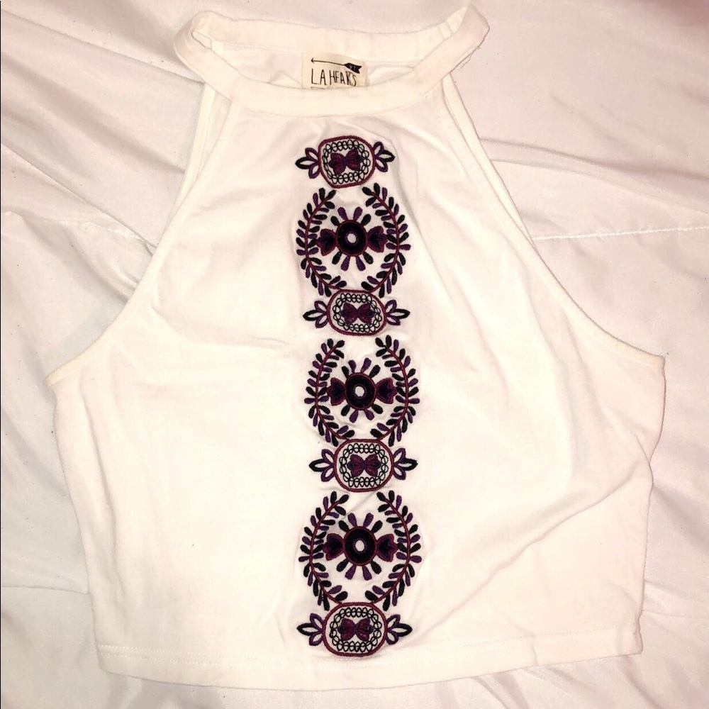 Graphic white cropped halter tank top